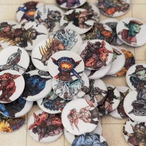 Pile of 52 illustrated goblin game tokens.
