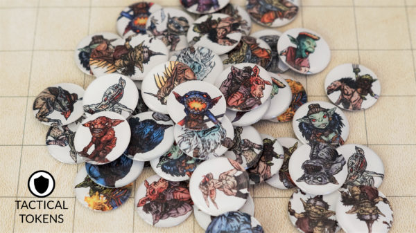 Pile of 52 illustrated goblin game tokens.