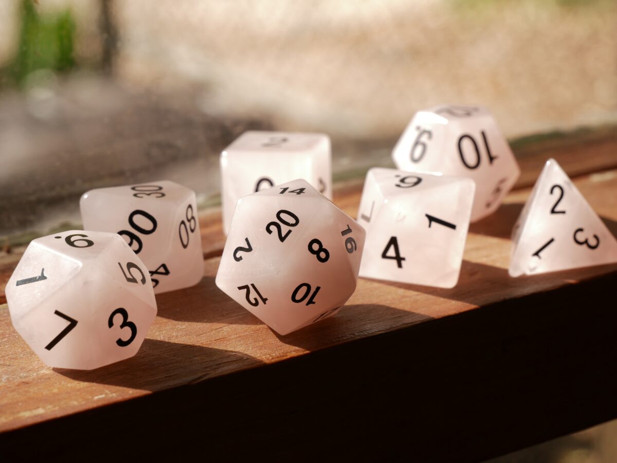 A white quartz version of the standard dice used in most D20 TTRPG Systems